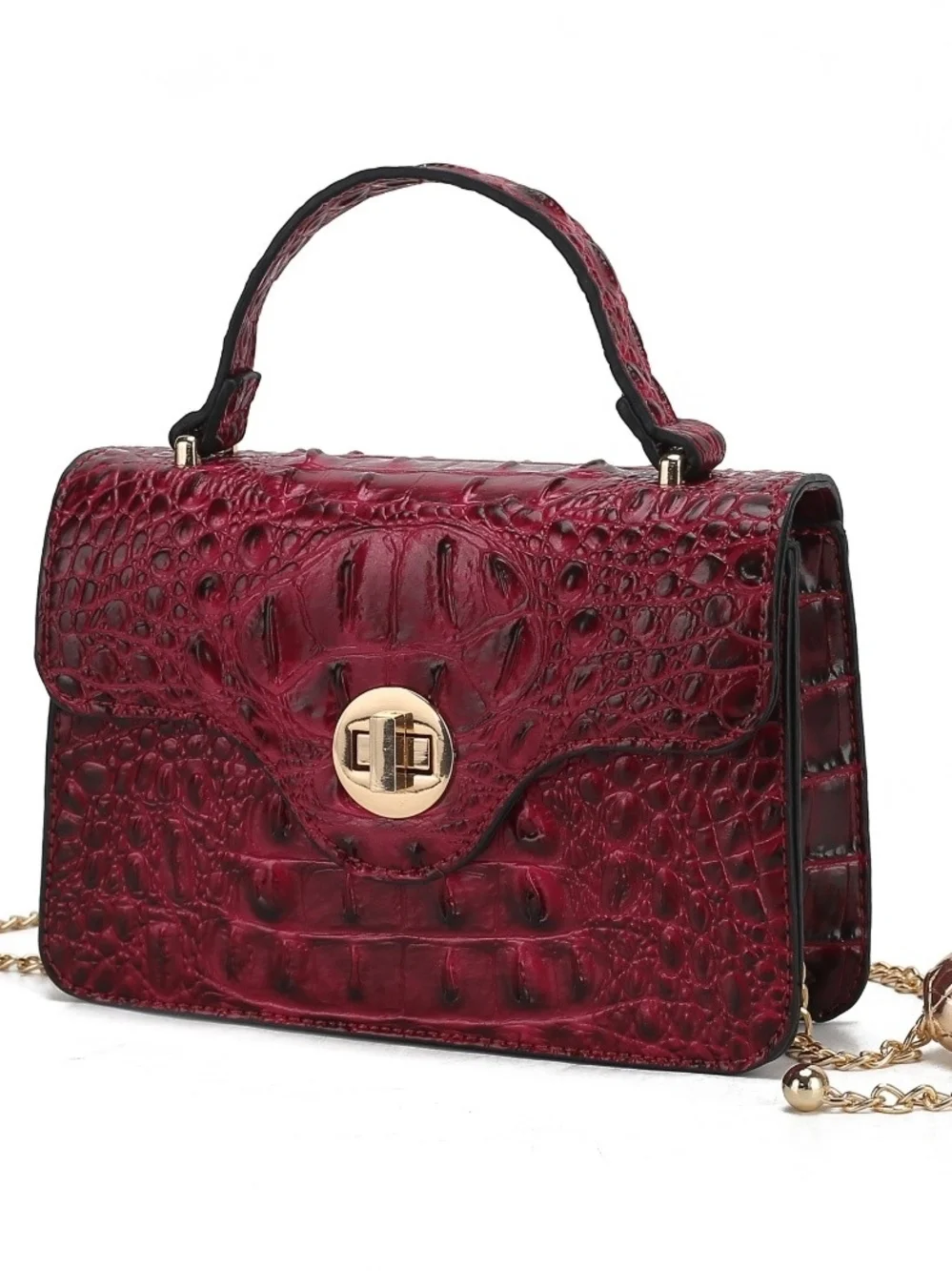 Blue Croc-Embossed Top Handle Bag with Gold Hardware